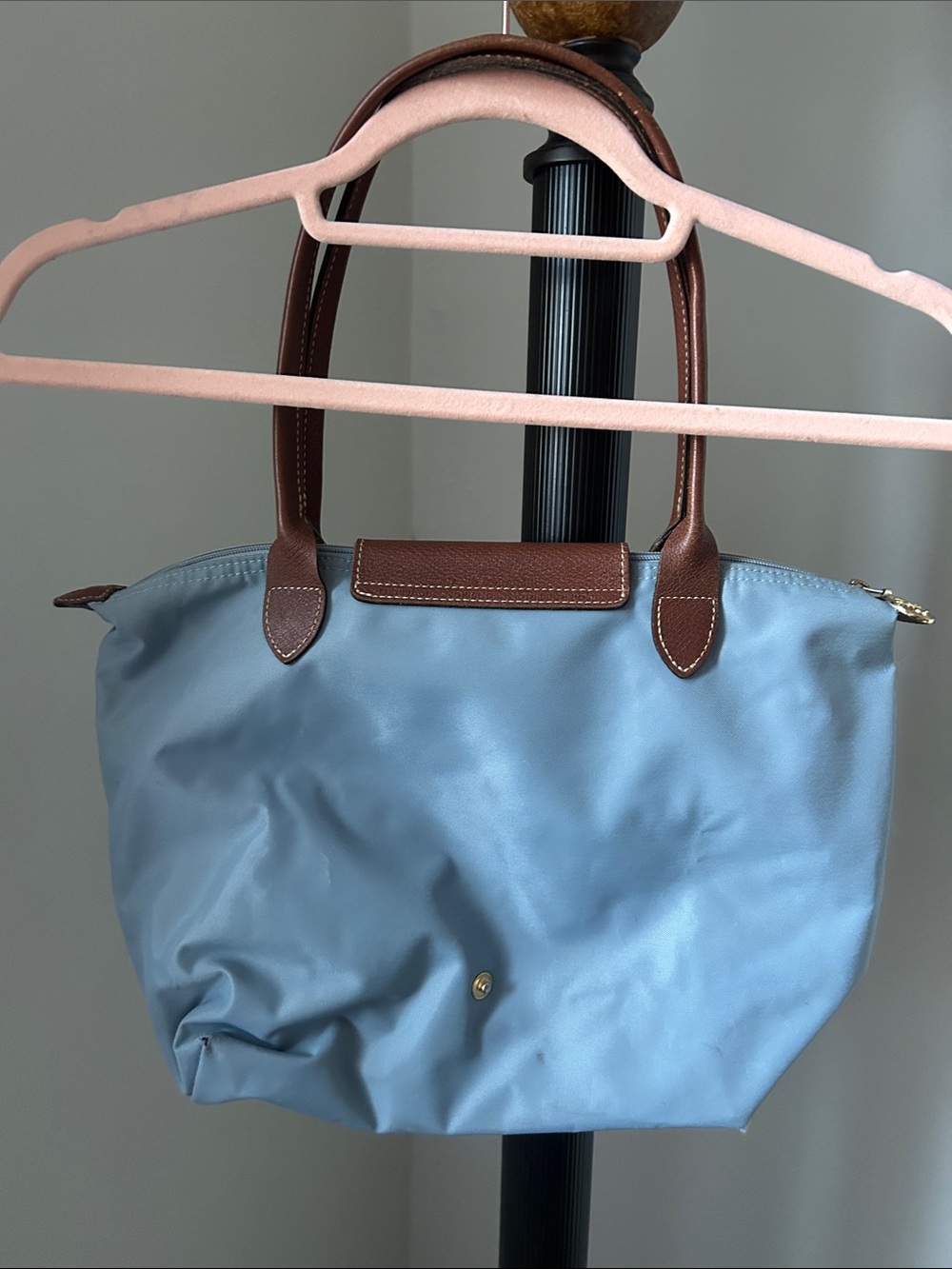 Longchamp Light Blue Nylon Tote with Brown Leather Trim - Picture 5 of 16